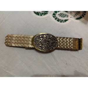 Gold tone Waist Belt Womens Elastic Band Ornate Floral Buckle Textured Stretch